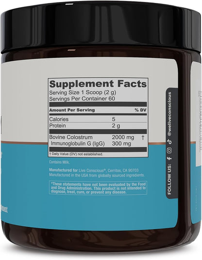 Live Conscious Colostrum Powder - Grass Fed Colostrum Supplement with Lactoferrin for Iron Absorption - Bovine Colostrum an Immune System Supplement