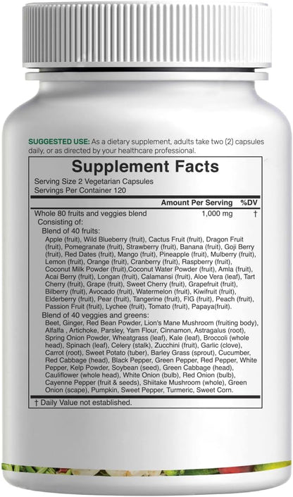 Nature’s Fruits & Veggies Supplement, 240 Veggie Capsules – 80 Whole Food Superfoods for Daily Balance – 40 Fruits with 40 Vegetables and Greens – Non-GMO, Gluten Free