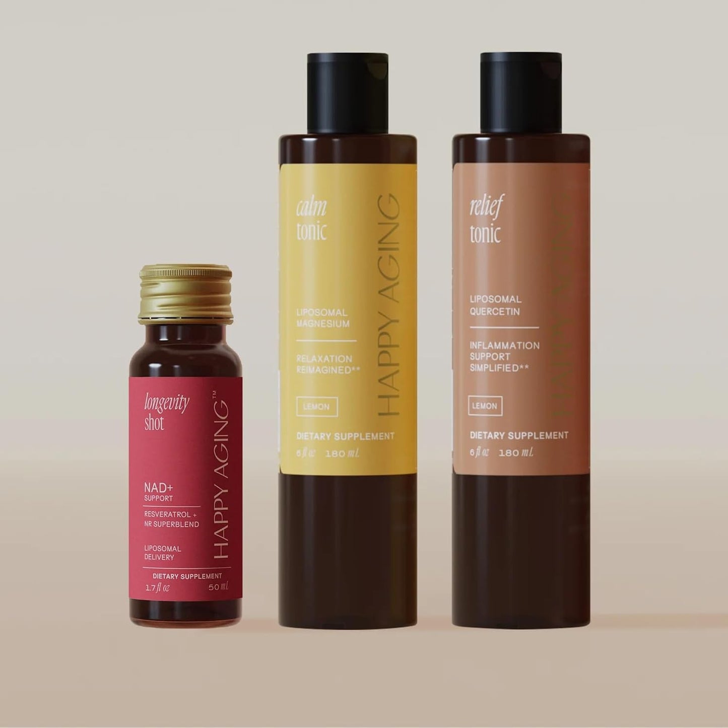 Happy Aging Vitality Trio – Longevity Shot + Calm Tonic + Relief Tonic | Energy, Recovery & Immune Support | NAD+ + Magnesium + Quercetin | 3 Units