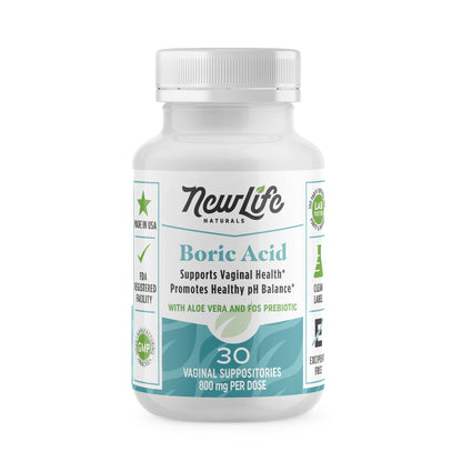 NewLife Naturals Boric Acid Vaginal Suppositories with Aloe Vera & FOS Prebiotic | Women's pH Balance Pills