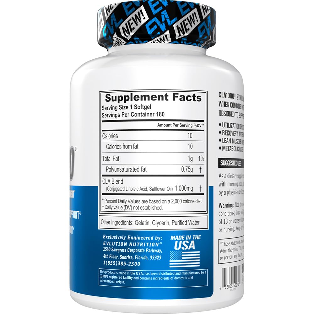 Evlution Conjugated Linoleic Acid CLA Supplement Nutrition Lean Muscle Mass Builder & Fat Burner for Men and Women - Stimulant-Free Safflower Based CLA 1000mg Blend Per Serving (90 Servings)