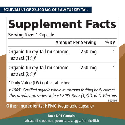 PURE ESSENCE LABS Organic Turkey Tail 4X Mushroom Extract, Vegan Mushrooms Supplement for Immune Building, 30 Capsules
