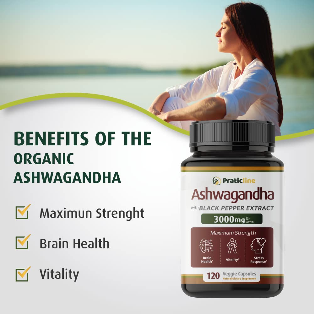 PRATIC LINE Ashwagandha Capsules 3,000 mg - 120 Vegan Cap Made with Organic