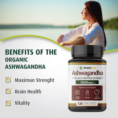 PRATIC LINE Ashwagandha Capsules 3,000 mg - 120 Vegan Cap Made with Organic