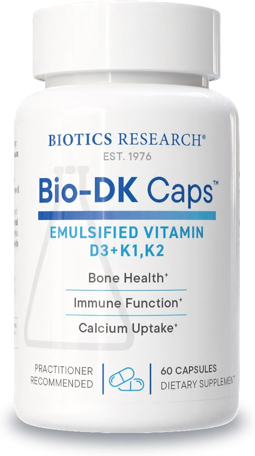 BIOTICS RESEARCH Bio-DK Caps™–Emulsified Vitamin D and K, Vitamin D3 125 mcg & Vitamin K (k1,k2) 550 mcg- MK7– Vitamin D3 K2 K1, Stronger Bones, Musculoskeletal Strength, Healthy Heart & BMI 60 Caps