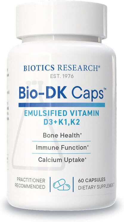 BIOTICS RESEARCH Bio-DK Caps™–Emulsified Vitamin D and K, Vitamin D3 125 mcg & Vitamin K (k1,k2) 550 mcg- MK7– Vitamin D3 K2 K1, Stronger Bones, Musculoskeletal Strength, Healthy Heart & BMI 60 Caps