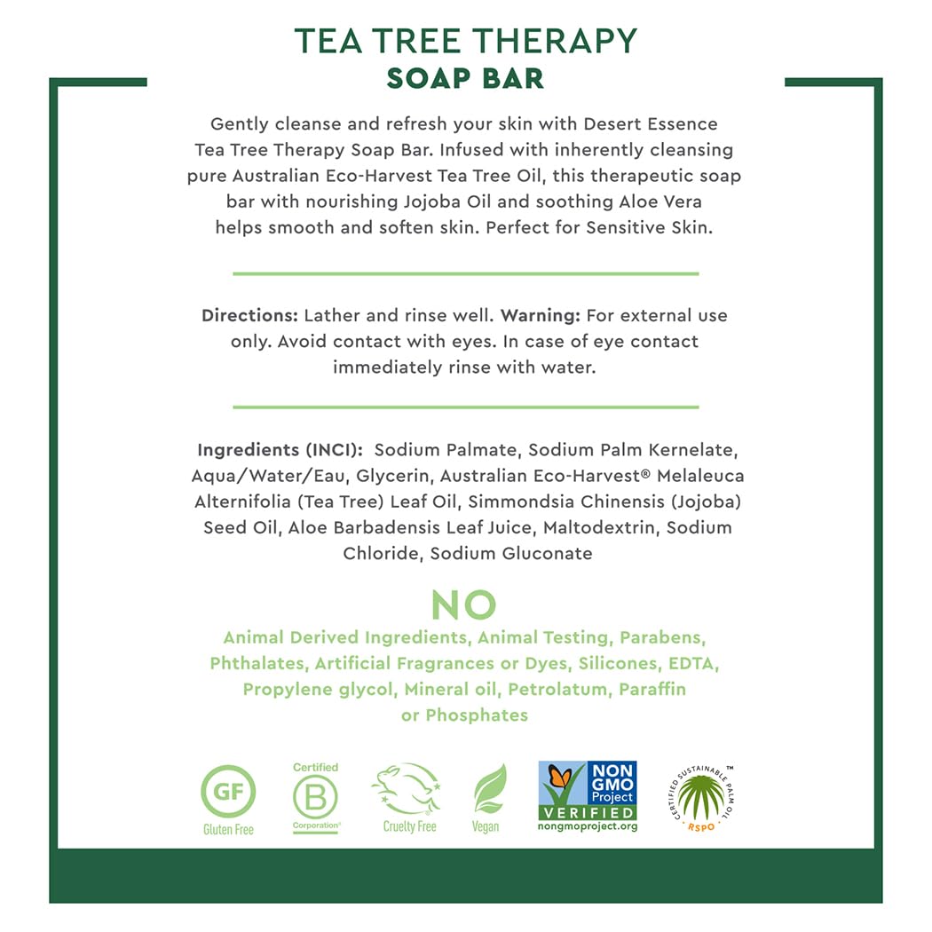 Desert Essence Tea Tree Therapy Cleansing Bar Soap - 5 Ounce - Therapeutic Skincare - All Skin Types - Jojoba Oil - Aloe Vera - Palm Oil - Moisturizes Face and Body