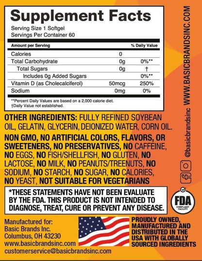 Basic Brands Happy Sunshine Vitamin D3 2000 IU | Gluten-Free, 60 Softgels