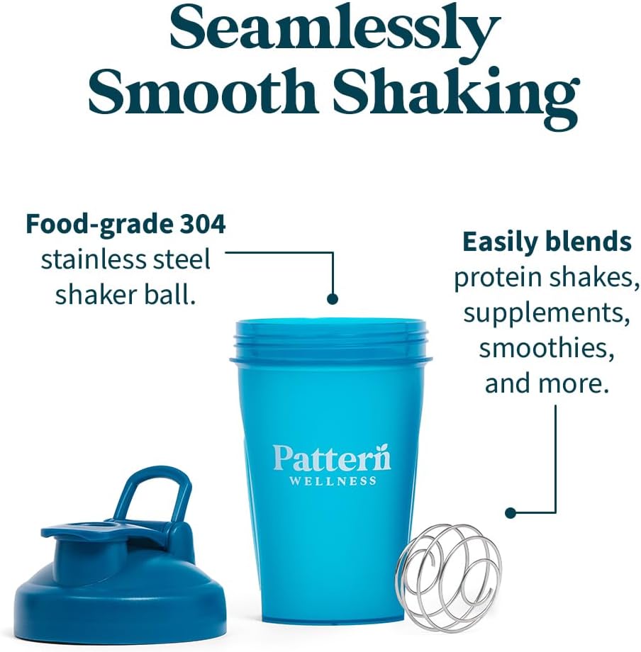 Pattern Wellness Shaker Bottle BPA-Free Plastic Bottle & Lid – 12oz, Food-Grade Steel Shaker Ball For Smooth Mixing Protein Shakes & More, Leak-Proof Seal, Durable, & Dishwasher Safe, Extra-Wide Spout