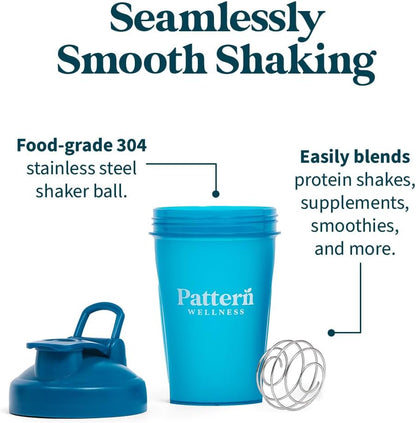 Pattern Wellness Shaker Bottle BPA-Free Plastic Bottle & Lid – 12oz, Food-Grade Steel Shaker Ball For Smooth Mixing Protein Shakes & More, Leak-Proof Seal, Durable, & Dishwasher Safe, Extra-Wide Spout