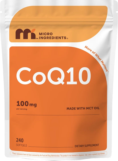 Micro Ingredients CoQ10 100 mg Per Serving, 240 Softgels | Coenzyme Q10 (Ubiquinone) Supplement | Made with MCT Oil | Non-GMO, Gluten Free