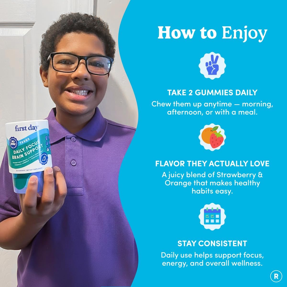 Teen Focus Gummies with Cognizin Citicoline, PS & Vitamin B3 for Ages 13-18