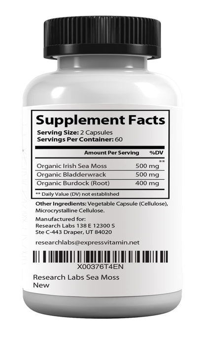 Research Labs 2 Fer 1 Ad Organic Irish Sea Moss Capsules 240 Total Pills, Raw Wildcrafted Seamoss Enhanced w/Bladderwrack & Burdock Root Antioxidant Powerhouse. Thyroid Support