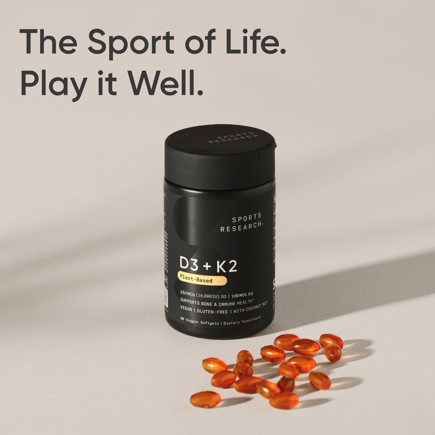 Sports Research® Vitamin D3 + K2 with 10,000iu of Plant-Based D3 & 100mcg of Vitamin K2 as MK-7 | Non-GMO Verified & Vegan Certified 60ct