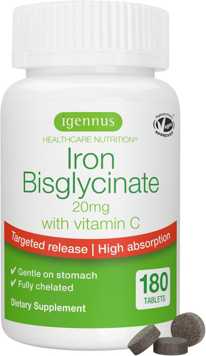 Igennus Clean & Gentle Iron Bisglycinate 20mg Plus Vitamin C, 6 Month Supply, Targeted Release, Chelated High Absorption Ferrous Bisglycinate, Vegan, 180 Tablets