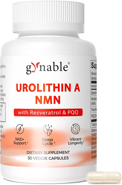 Gynable 4-in-1 Urolithin A Supplement with NMN, Trans-Resveratrol & PQQ-Advanced Cellular Energy & Muscle Strength Complex - Supports Longevity, Deep Sleep & Healthy Aging (30Count(Pack of 1))