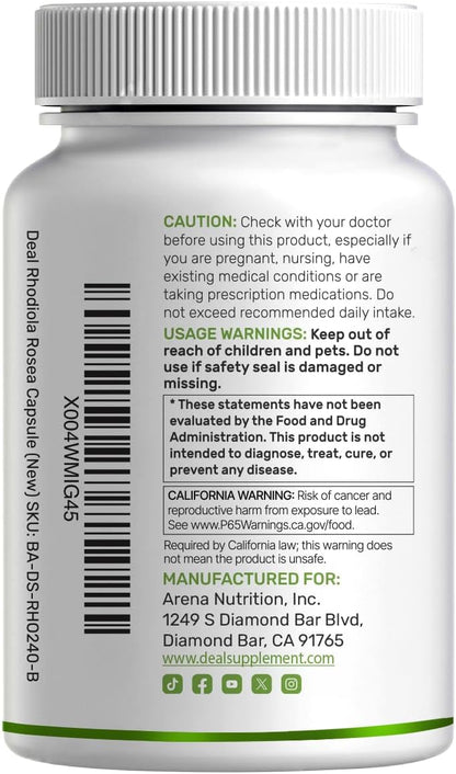 DEAL SUPPLEMENT Rhodiola Rosea with Ashwagandha, 240 Veggie Capsules – Rhodiola Rosea Supplement – Rhodiola & Ashwagandha Blend – Non-GMO