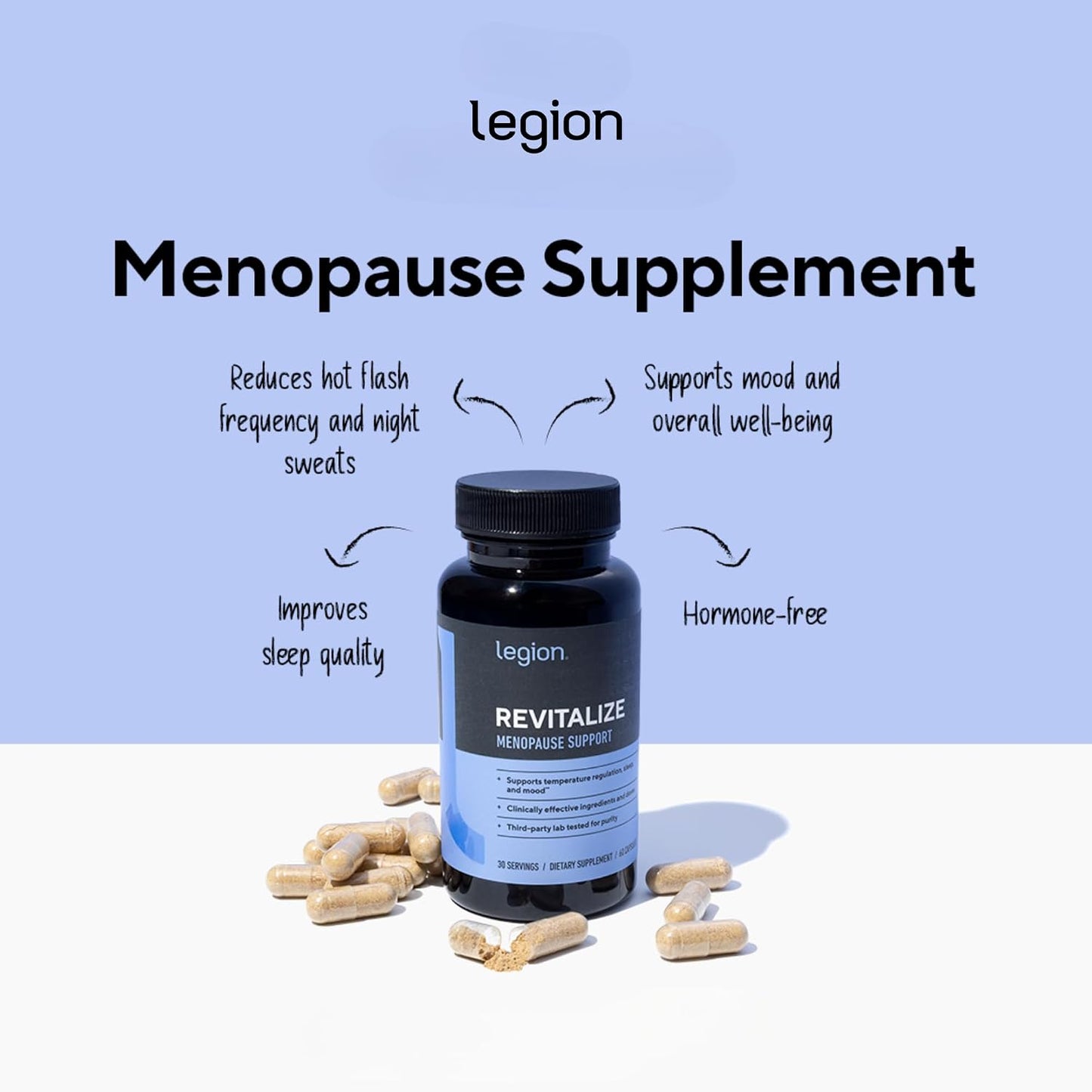 LEGION Revitalize Menopause Support Supplement - Hormone-Free Formula with Plant-Based Botanical Extracts for Women - EstroG-100, Soy Isoflavones, & Black Cohosh - 30 Servings