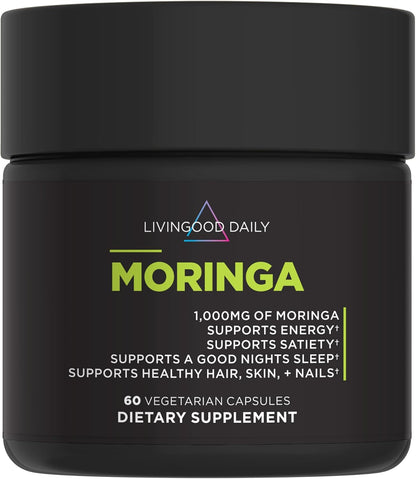 Livingood Daily Moringa Capsules, Moringa Supplement for Energy, Sleep, Satiety, Hair, Skin, Nails & Wellness, Plant Based Vegetarian, Gluten Free, Non GMO, Vegan, Daily Greens Superfood, 60 Capsules