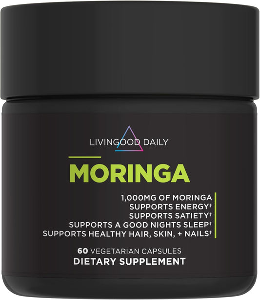 Livingood Daily Moringa Capsules, Moringa Supplement for Energy, Sleep, Satiety, Hair, Skin, Nails & Wellness, Plant Based Vegetarian, Gluten Free, Non GMO, Vegan, Daily Greens Superfood, 60 Capsules
