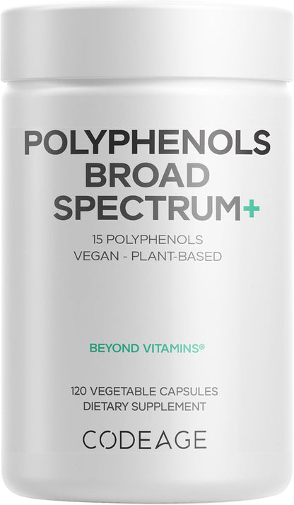 Codeage Polyphenols Broad Spectrum Supplement - Blend of 15 Berries, Fruits, and Botanical Extracts, Decaf Green Tea Leaf, Quercetin, Resveratrol, Pomegranate, Turmeric - Non-GMO - 120 Capsules