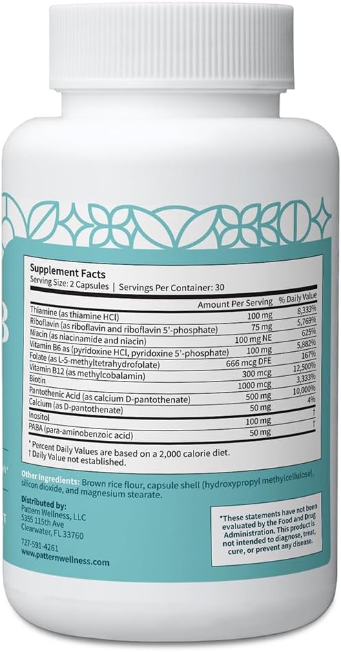 Pattern Wellness Vitamin B Complex Supplement - Comprehensive Blend of Essential B Vitamins - Supports Energy, Cognitive & Cellular Health - 3rd Party Lab Tested - 60 Capsules