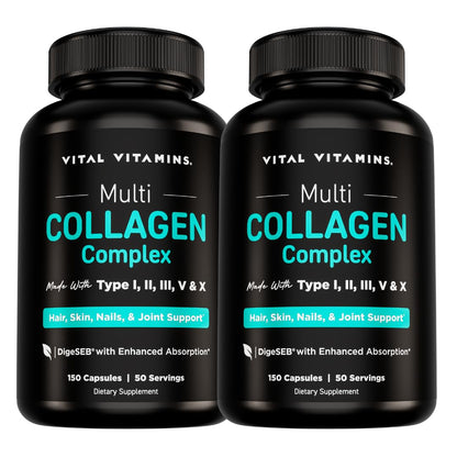 Vital Vitamins Multi Collagen Peptides Complex for Women & Men, 150 Pills | Supports Skin, Hair & Nails, 5 Collagen Types I II III V & X, Grass-Fed Non-GMO Collagen Supplements