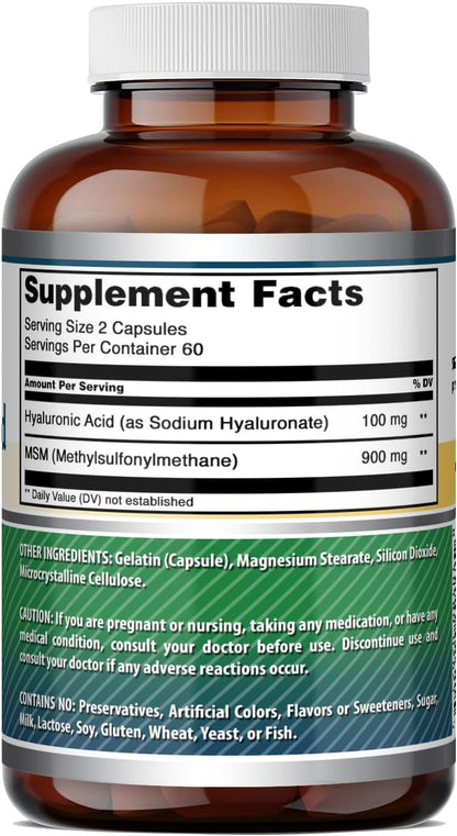 Amazing Formulas Hyaluronic Acid & MSM Supplement | 500 Mg | 120 Capsules | Non-GMO | Gluten-Free | Made in USA