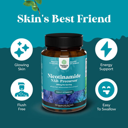 Vitamin B3 Niacinamide 500mg Capsules - Mitochondrial Energy and Potent Skin Supplement - Vitamin B3 Niacin Flush Free and Nicotinamide 500mg - Flush Free Niacin Supplement - 60 Count