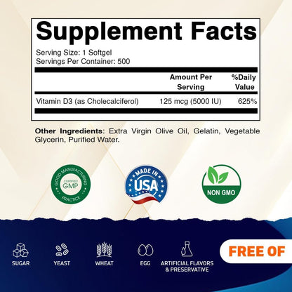 Vitamatic Vitamin D3 5000 IU (125 mcg), 500 Softgels, Made in USA | Olive Oil-Based Formula, Cold Pressed, 500 Day Supply, Support Immune Health*, Non GMO, Gluten Free