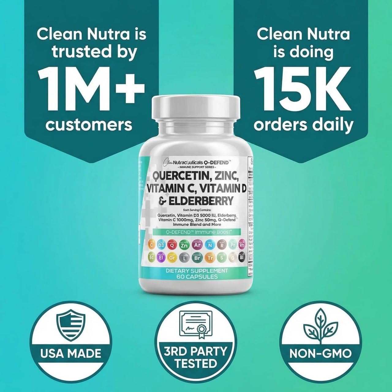 Q Defend Quercetin Supplement with Zinc Vitamin C Vitamin D Elderberry Turmeric Black Pepper Garlic Ginger Sea Moss Lysine Stinging Nettle Reishi Mushroom Immune Support 60 Capsules