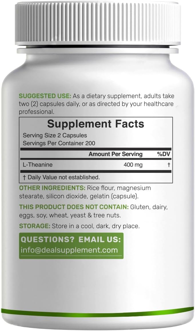 L-Theanine 400mg, 400 Capsules – Extra Strength Theanine Supplement – Amino Acids for Focus & Relaxation Support – Non-GMO & Gluten Free