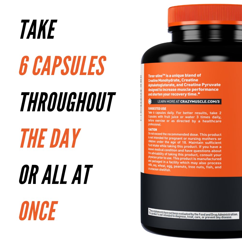 Creatine Capsules - 5g of Premium 3X ThreeAtine Pre Workout Bulk Muscle Mass Gainer