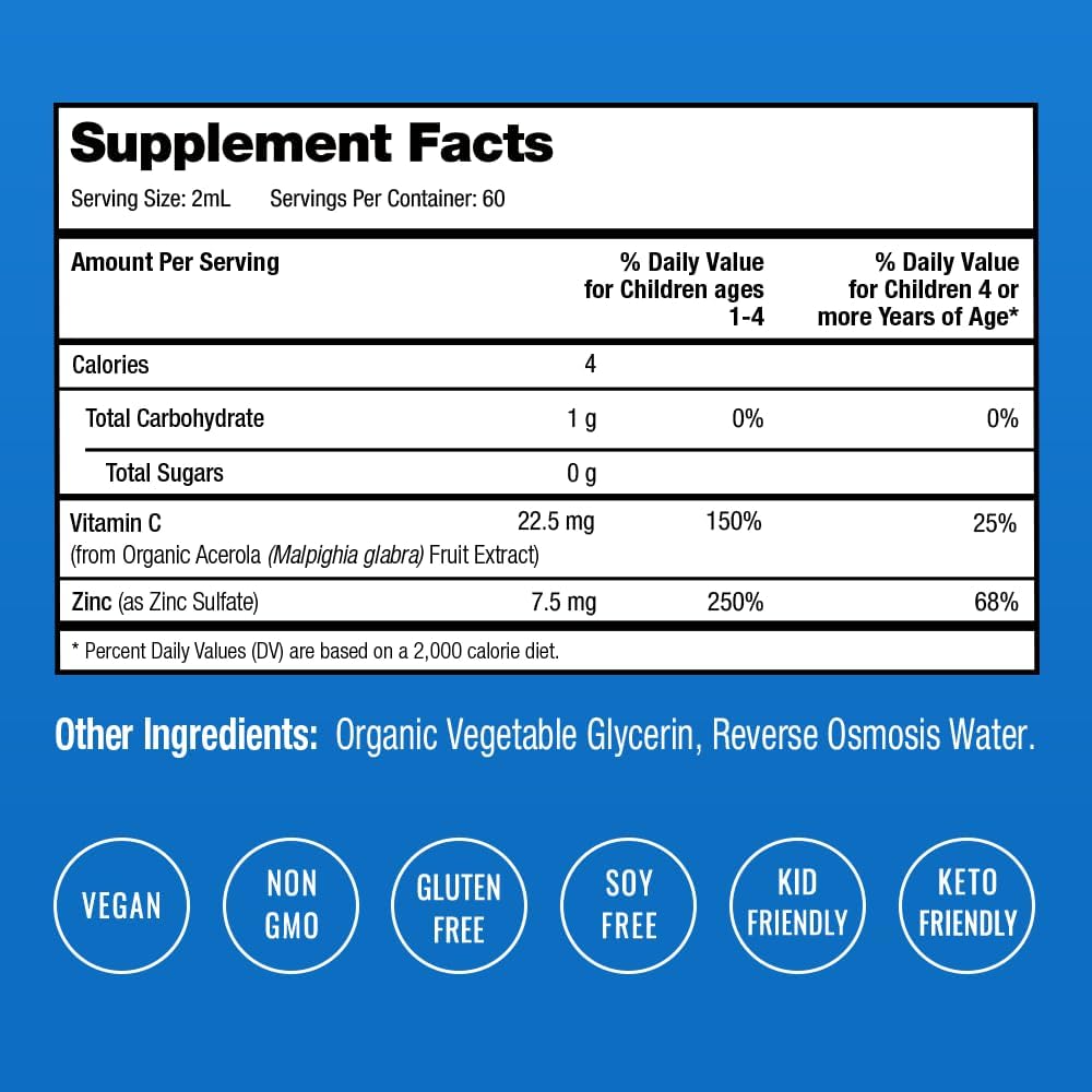 NutraChamps Organic Liquid Zinc Drops for Kids, Ionic Zinc Drops Enhanced with Vitamin C for Children, Sugar-Free 4 oz, Vegan & Non-GMO, Unflavored, 60 Servings, 2 Month Supply