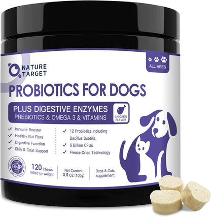 NATURE TARGET 6 Billion Freeze Dried Probiotics for Dogs, 120 Bites | With Prebiotics & Enzymes, Vitamins & Omega 3, Support Digestive & Gut Health, Itch Relief, Reduce Diarrhea