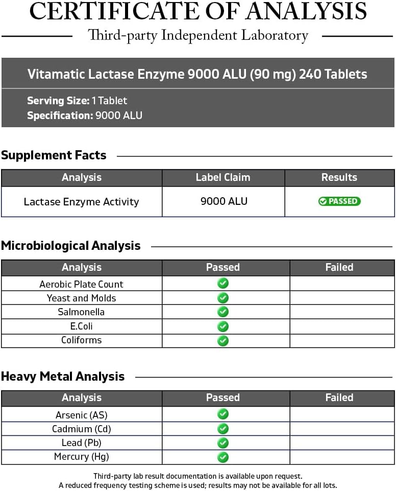 Vitamatic Lactase Enzyme 9000 FCC 240 Tablets - Lactose Intolerance Relief Caplets