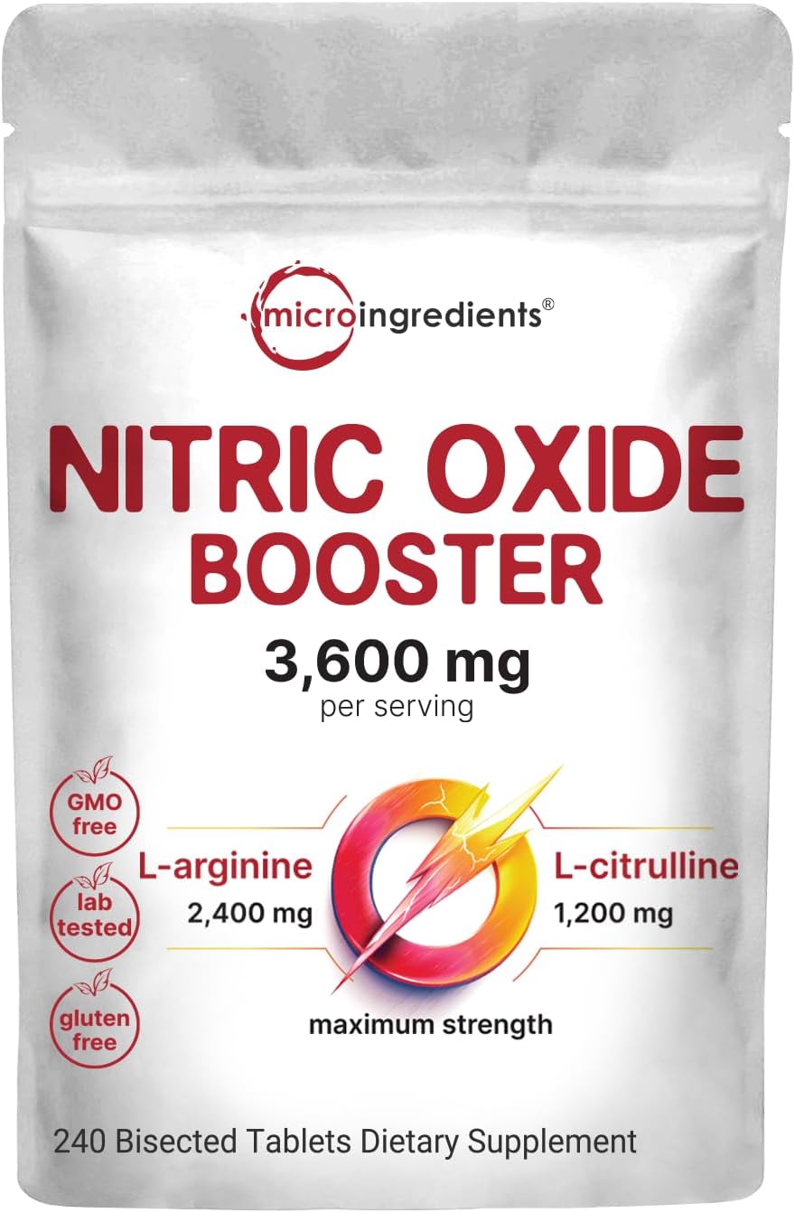 Micro Ingredients Nitric Oxide Supplement for Men & Women 3,600mg Per Serving, 240 Bisected Tablets | L-Arginine + L-Citrulline Amino Acid Complex | Pre-Workout, Caffeine-Free | Non-GMO, Gluten Free