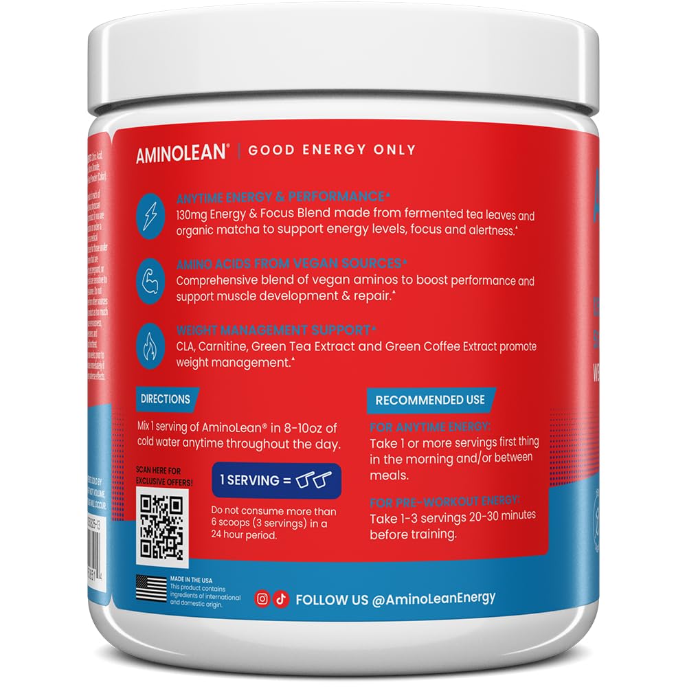AminoLean Pre Workout Powder & Natural Amino Energy with Vegan BCAA + EAA | Jitter-Free Preworkout Energy from Green Tea + Amino Acids & Weight Management for Women & Men - Vegan, Zero Sugar, No Crash