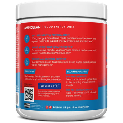 AminoLean Pre Workout Powder & Natural Amino Energy with Vegan BCAA + EAA | Jitter-Free Preworkout Energy from Green Tea + Amino Acids & Weight Management for Women & Men - Vegan, Zero Sugar, No Crash