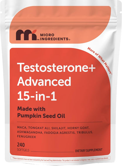 Micro Ingredients Testosterone+ Advanced for Men & Women, 240 Softgels | 15-in-1 Complex with Tongkat Ali, Horny Goat Weed, Shilajit, Maca & Saw Palmetto | Non-GMO