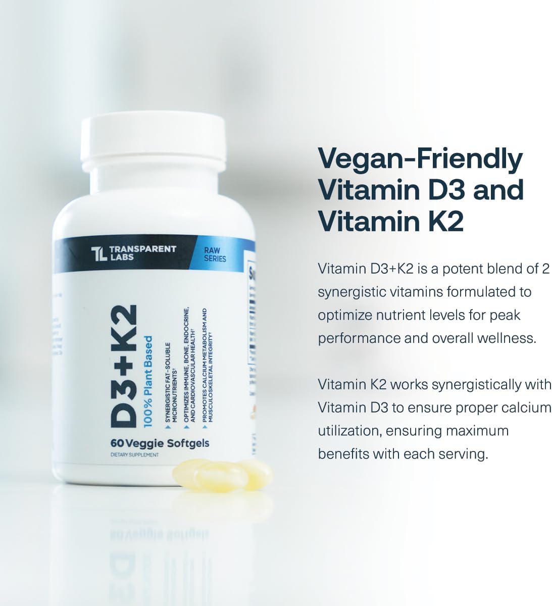 Transparent Labs Vitamin D3 K2 - Vitamin D & K2 Vitamin Supplement for Men & Women, Vegan-Friendly D3K2 5000 IU Supplements to Support Bone, Immune, and Overall Health - K2 D3 60 Capsules