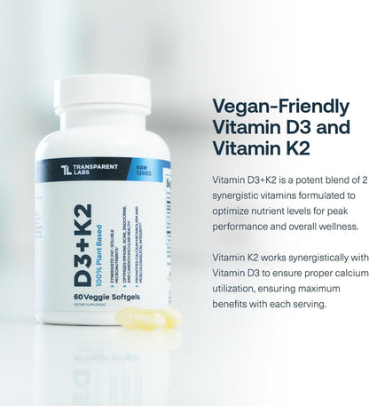 Transparent Labs Vitamin D3 K2 - Vitamin D & K2 Vitamin Supplement for Men & Women, Vegan-Friendly D3K2 5000 IU Supplements to Support Bone, Immune, and Overall Health - K2 D3 60 Capsules