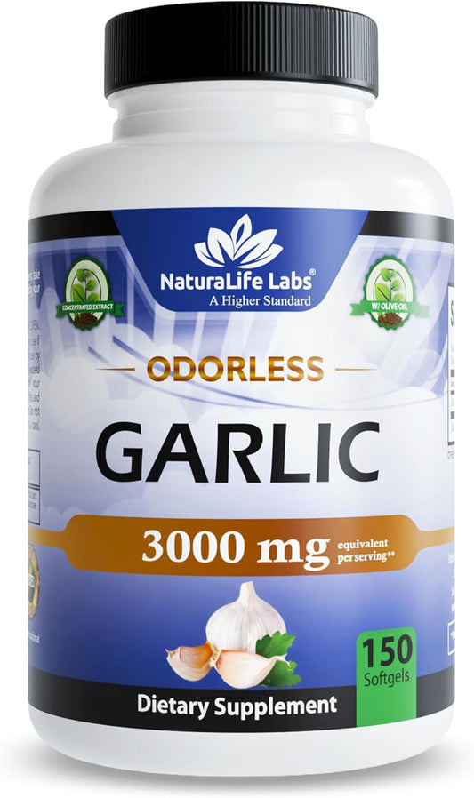 NaturaLife Labs Odorless Garlic – Concentrated 100:1 Garlic Extract with Olive Oil – 150 Softgels – Non-GMO, Gluten-Free
