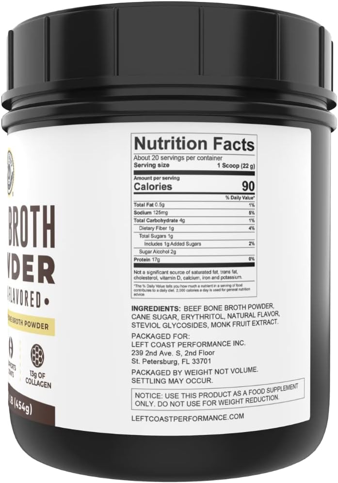 Left Coast Performance Vanilla Bone Broth Protein Powder, 16oz + Chocolate Bone Broth Protein Powder 16oz