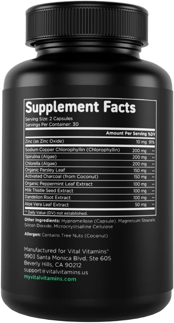 Vital Vitamins Chlorophyll Pills with Spirulina, Chlorella & Charcoal | Detoxifies & Freshens from Within, Natural Body Deodorizer, Superfood Complex for Women & Men, 60 Capsules