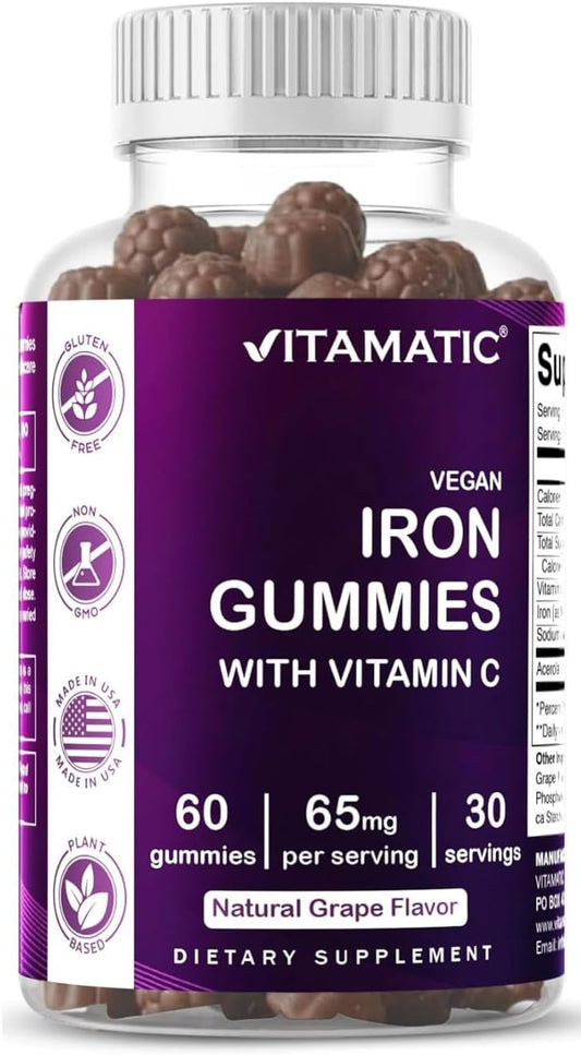 Vitamatic Iron 65 mg with Vitamin C - 60 Vegan Gummies, Made in USA | 65 mg Iron Per Serving, Natural Grape Flavor, Pectin Based, Gluten Free, Non-GMO