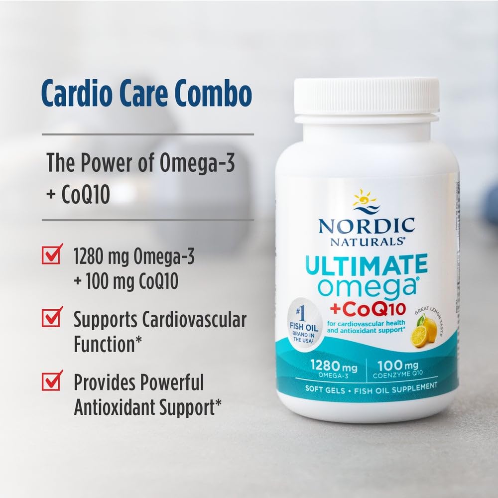 Nordic Naturals Ultimate Omega + CoQ10, Lemon Flavor - 120 Count | 1280mg Omega-3 + 100mg CoQ10 for heart health & cellular energy. Antioxidant. Non-GMO soft gels. 60 servings.