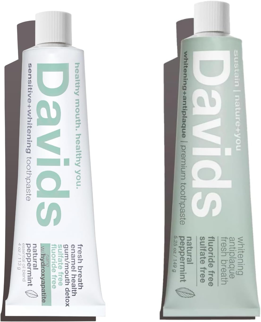 Davids Nano Hydroxi and Antiplaque Peppermint Fluoride Free Toothpaste Bundle, SLS Free, Recyclable Metal Tube, Made in USA, 4 oz and 5.25oz
