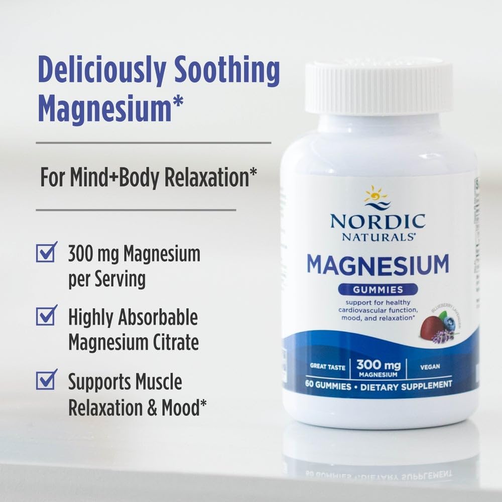 Nordic Naturals Magnesium Gummies, Vegan, Blueberry Lavender - 60 Count | Supports Relaxation, Mood & Heart Health - Non-GMO Magnesium Supplement for Adults - 20 Servings of Magnesium Glycinate