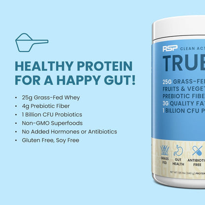 TrueFit Grass-Fed Whey Protein Powder + Fiber & Probiotics, Vanilla Shake | 25g Gut Healthy Protein with Fiber, Probiotics & Non-GMO Superfoods for Complete Meal Replacement Shake with Nothing Fake